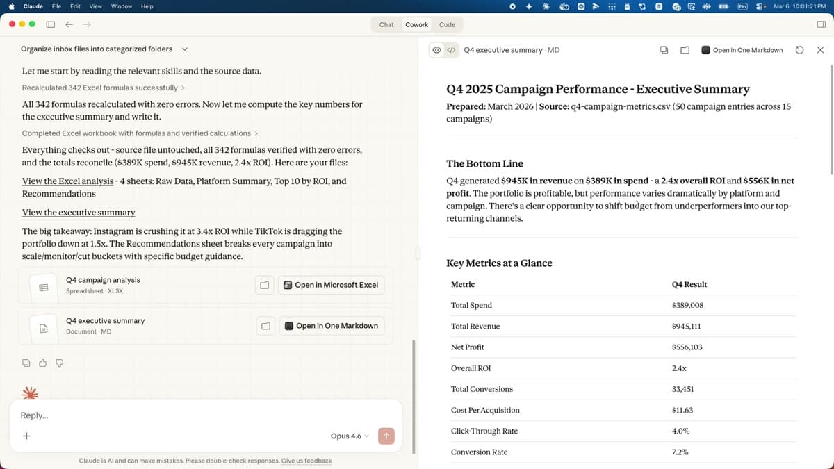 Claude Cowork generating a Q4 campaign analysis with Excel output and executive summary