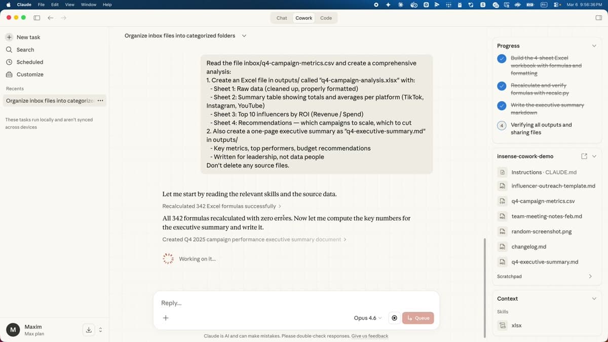 Claude Cowork delegating a campaign analysis task — showing progress tracking, skills, and connectors